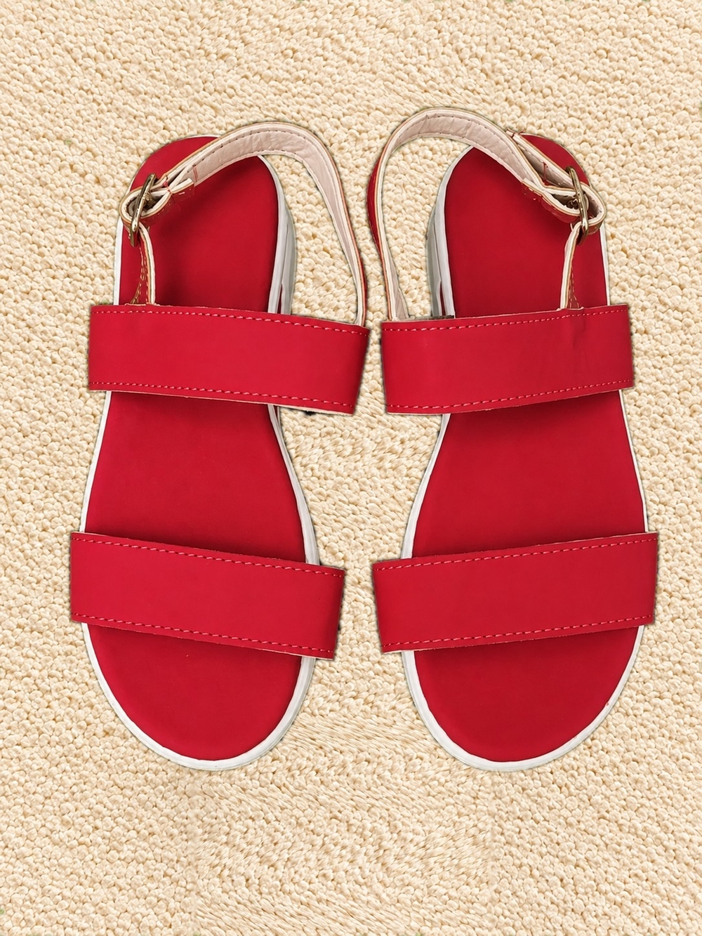 Red Double-Strap Women's Sandals with Gold Buckle Accent